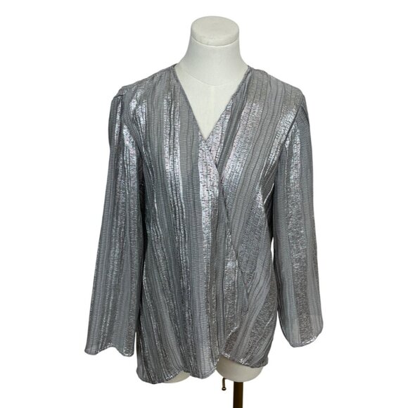 Chicos Metallic Silver Striped Long Sleve Open Blouse Womens Sz 2 - Picture 1 of 6